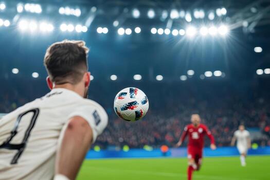 Football player preparing to pass the ball during an intense match under bright lights. photo