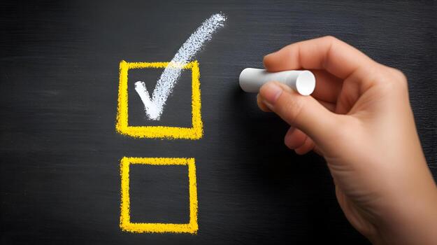 Hand is drawing check mark in checkbox on blackboard photo