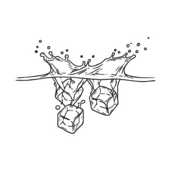 Ice cubes splashing into water with droplets and ripples vector