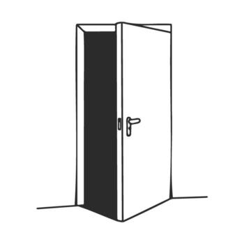 Simple black and white line drawing of an open door on blank background vector