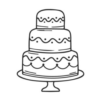 Threeandtier decorative cake on stand with frosting design in black and white outline vector