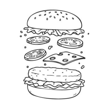 Black and white sketch of burger with ingredients exploded view vector