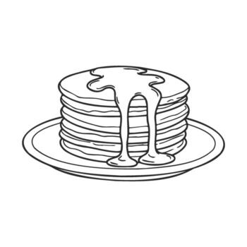 Stack of pancakes with dripping syrup line art drawing on plate vector