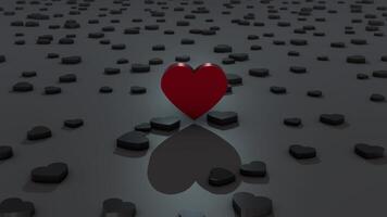 Red heart centered among dark grey heart shapes on a reflective surface. 3D heart on the floor. Camera rotates 360 degrees around the red heart. Valentine's Day, heart animation video