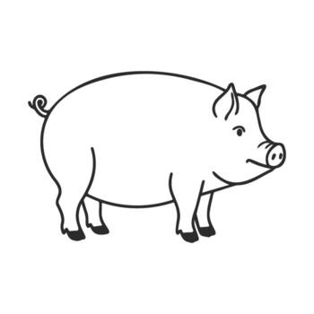 Black and white outline of a standing pig with curly tail and simple features vector