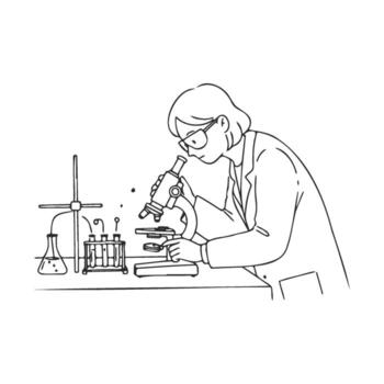 Female scientist examining samples with microscope in laboratory setting vector