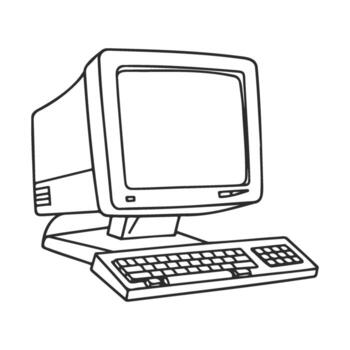 Retro crt computer with keyboard and mouse outline vector