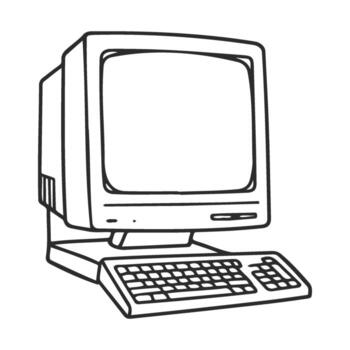 Vintage retro computer with keyboard in black and white line art drawing vector