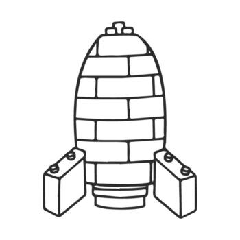 Simple sketched brick rocket with launch pads in black and white vector
