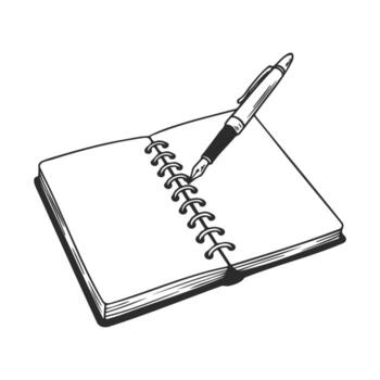 Open lined notebook with pen on coil binding in black and white drawing vector