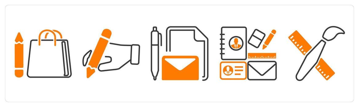 A set of 5 mix icons as shopping bag, writing, write document in orange color vector