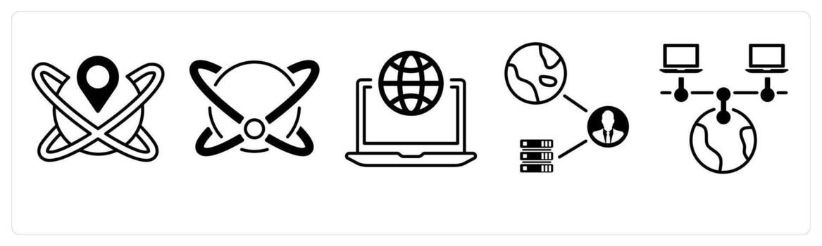 A set of 5 mix icons as global location, big data, global network in black color vector