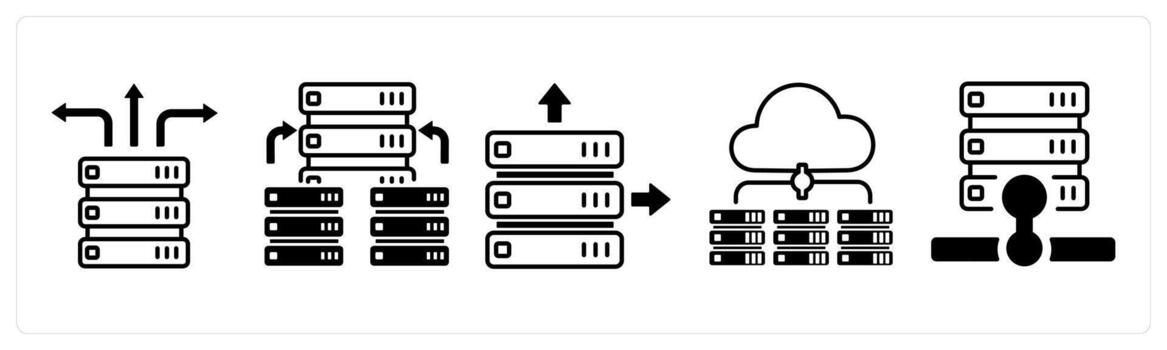 A set of 5 mix icons as server connectivity, hosting server, database server in black color vector