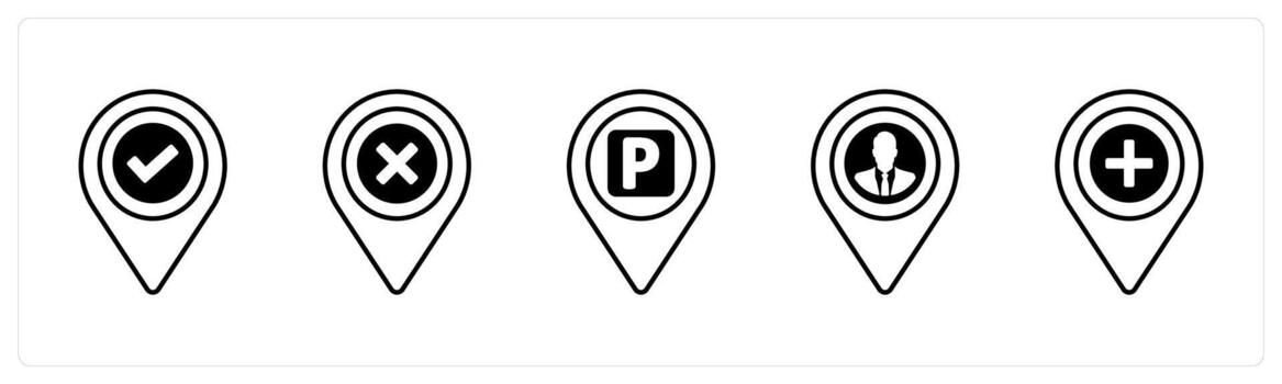 A set of 5 mix icons as checkmark, delete, parking spot in black color vector