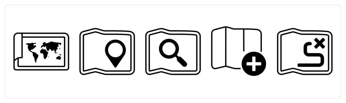 A set of 5 mix icons as map, search map, add location in black color vector
