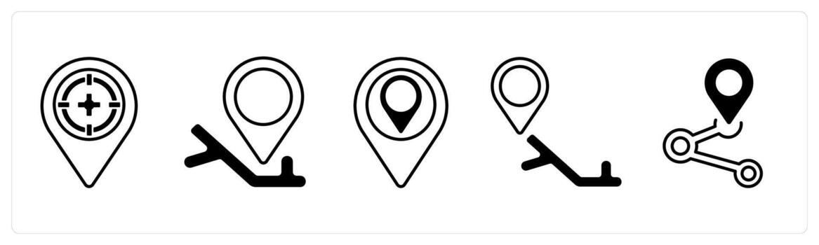 A set of 5 mix icons as target location, city map, navigation in black color vector