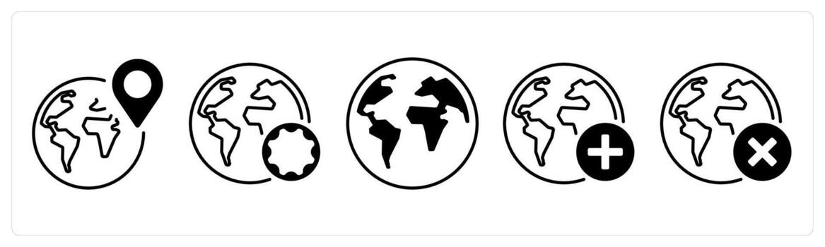 A set of 5 mix icons as location, map settings, global in black color vector