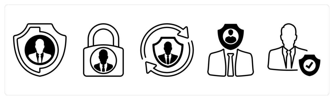 A set of 5 mix icons as security shield, profile lock, update security in black color vector
