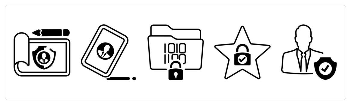 A set of 5 mix icons as protected document, contact register, programming in black color vector