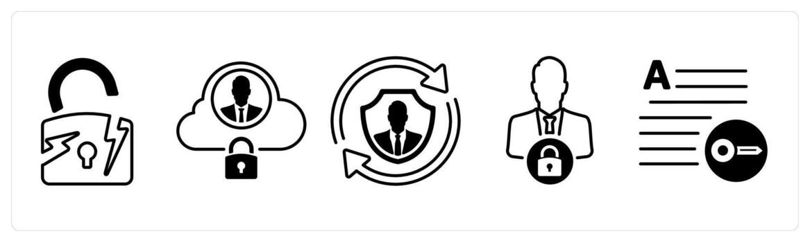 A set of 5 mix icons as security break, cloud security, update security in black color vector