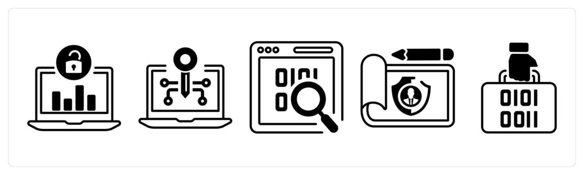 A set of 5 mix icons as logs security, technical specification, programming in black color vector