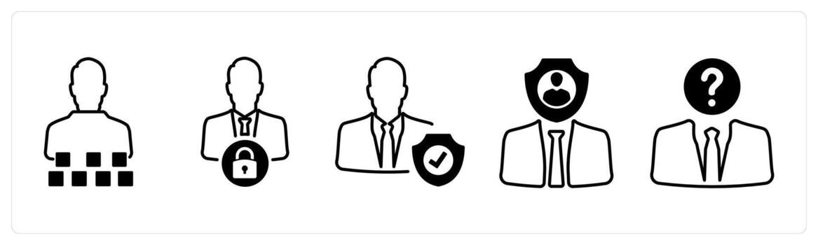 A set of 5 mix icons as encryption, profile lock, administrator in black color vector