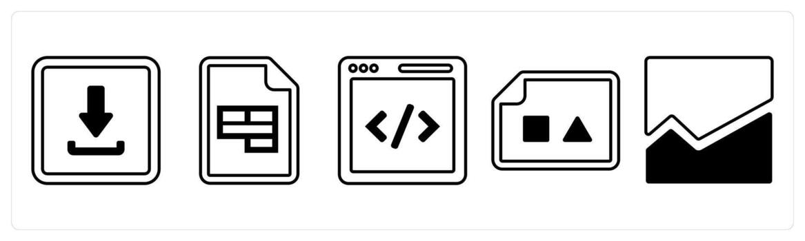 A set of 5 mix icons as download page, excel document, coding in black color vector