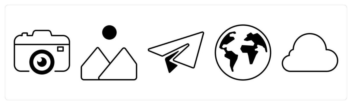 A set of 5 mix icons as camera, mountain, send in black color vector