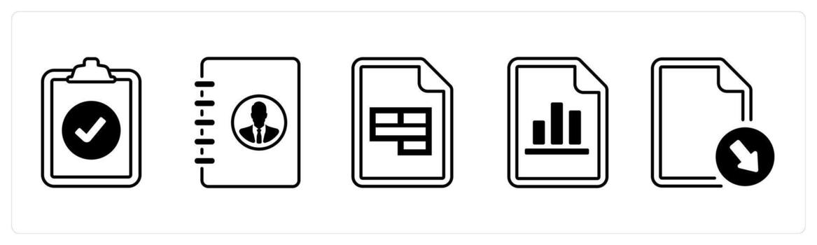 A set of 5 mix icons as done list, contact register, excel document in black color vector