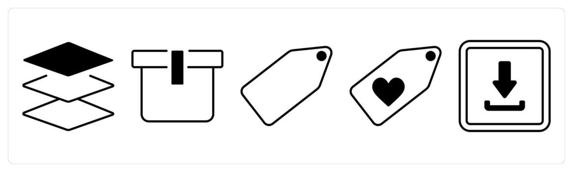 A set of 5 mix icons as layers, box, tag in black color vector