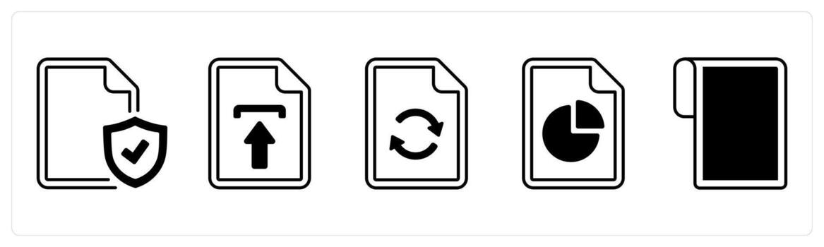 A set of 5 mix icons as secured document, upload, update in black color vector