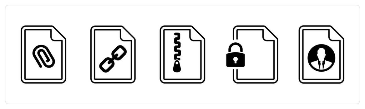 A set of 5 mix icons as attachment, link, zip file in black color vector