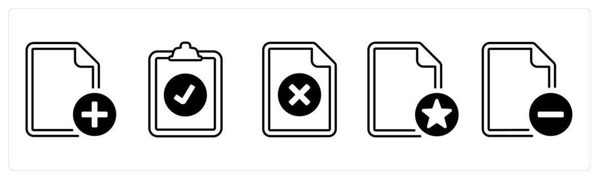 A set of 5 mix icons as add document, clipboard, delete in black color vector
