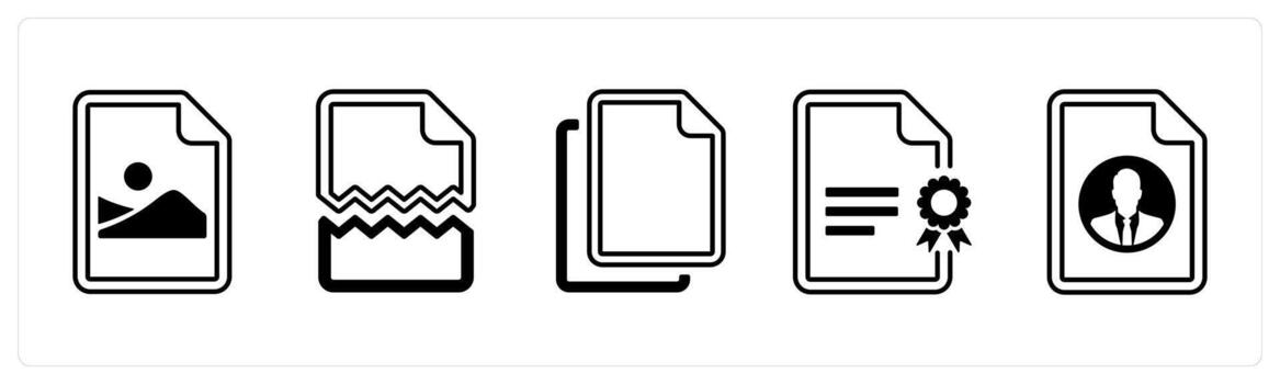 A set of 5 mix icons as picture document, damaged, duplicate in black color vector