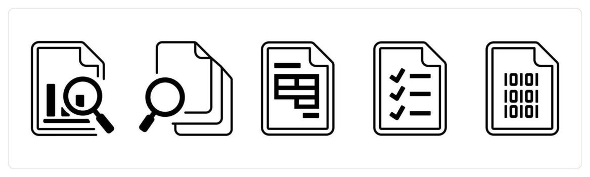 A set of 5 mix icons as data search, search document, excel in black color vector