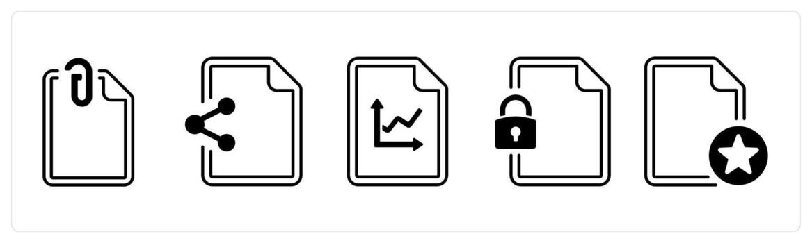 A set of 5 mix icons as attachment, share, graph in black color vector