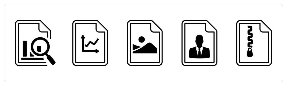 A set of 5 mix icons as data search, graph, picture document in black color vector
