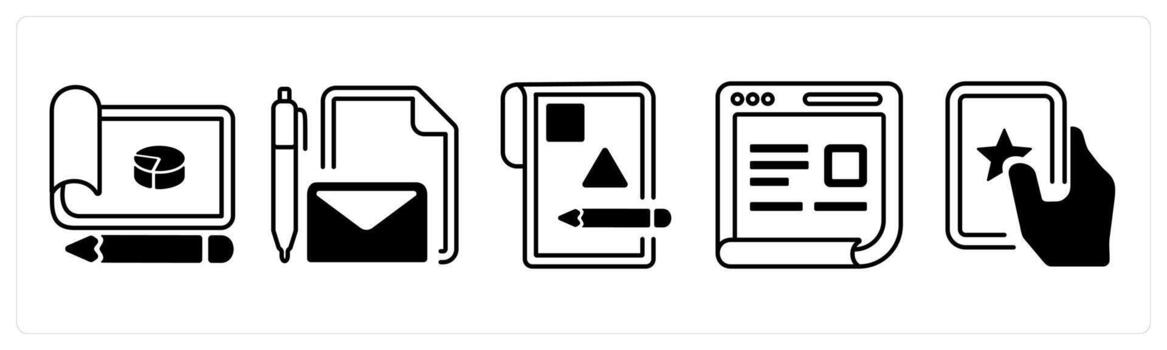 A set of 5 mix icons as design, write document, design layout in black color vector