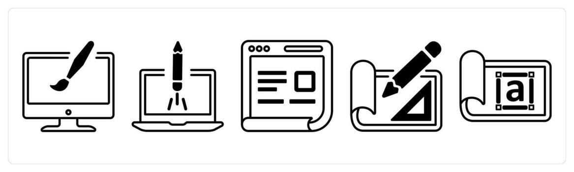 A set of 5 mix icons as custom design, website launch, webpage deatils in black color vector