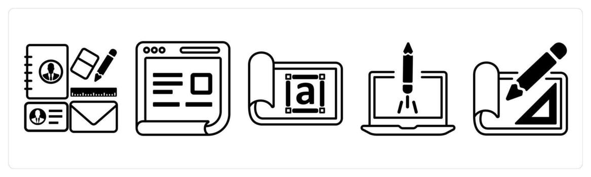 A set of 5 mix icons as design kit, webpage details, style in black color vector