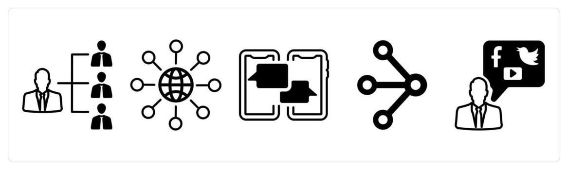 A set of 5 mix icons as group admin, share link, chatting in black color vector