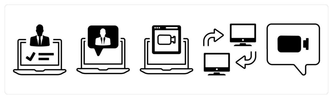 A set of 5 mix icons as user profile, online user, online camera in black color vector