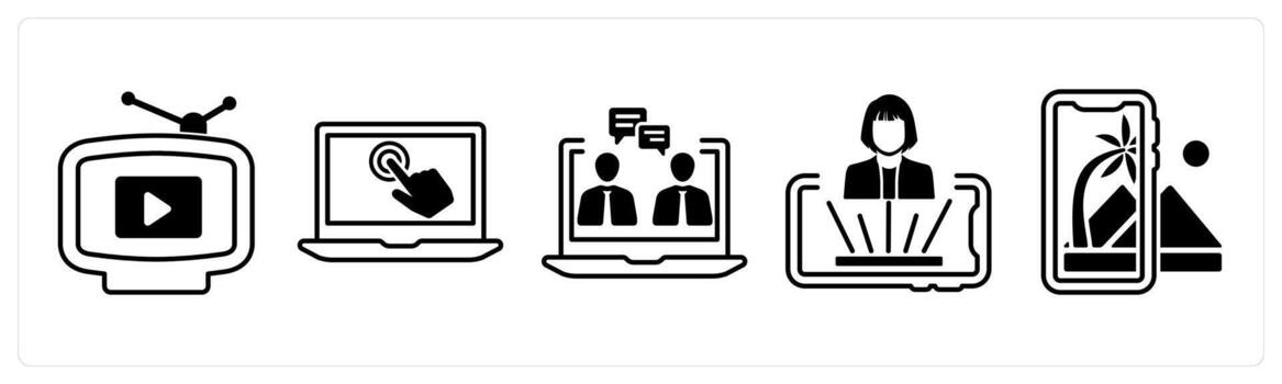A set of 5 mix icons as vjing, interactive design, telepresence in black color vector