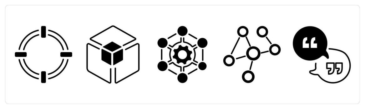 A set of 5 mix icons as telepresence, 3d model, framework in black color vector