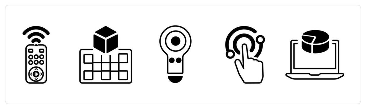 A set of 5 mix icons as remote access, vr projection, controller in black color vector