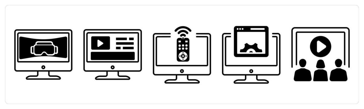 A set of 5 mix icons as vr screen, content, control devices in black color vector