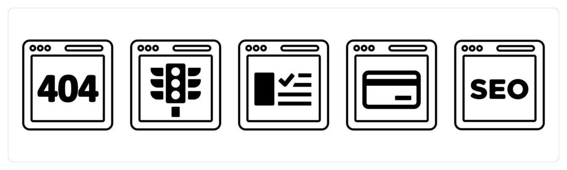 A set of 5 mix icons as website error, traffice signal , product details in black color vector