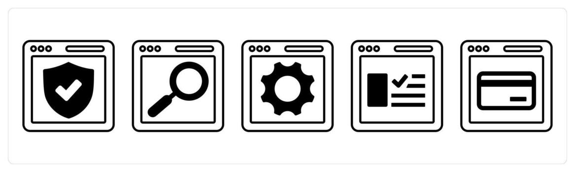 A set of 5 mix icons as approved site, search page, page settings in black color vector