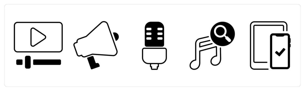 A set of 5 mix icons as player name, broadcast, mic in black color vector