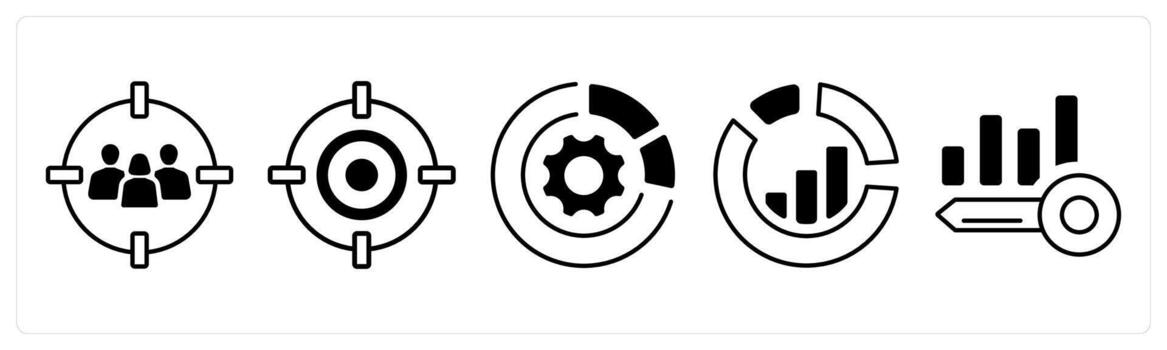 A set of 5 mix icons as target audience, target, statistics in black color vector